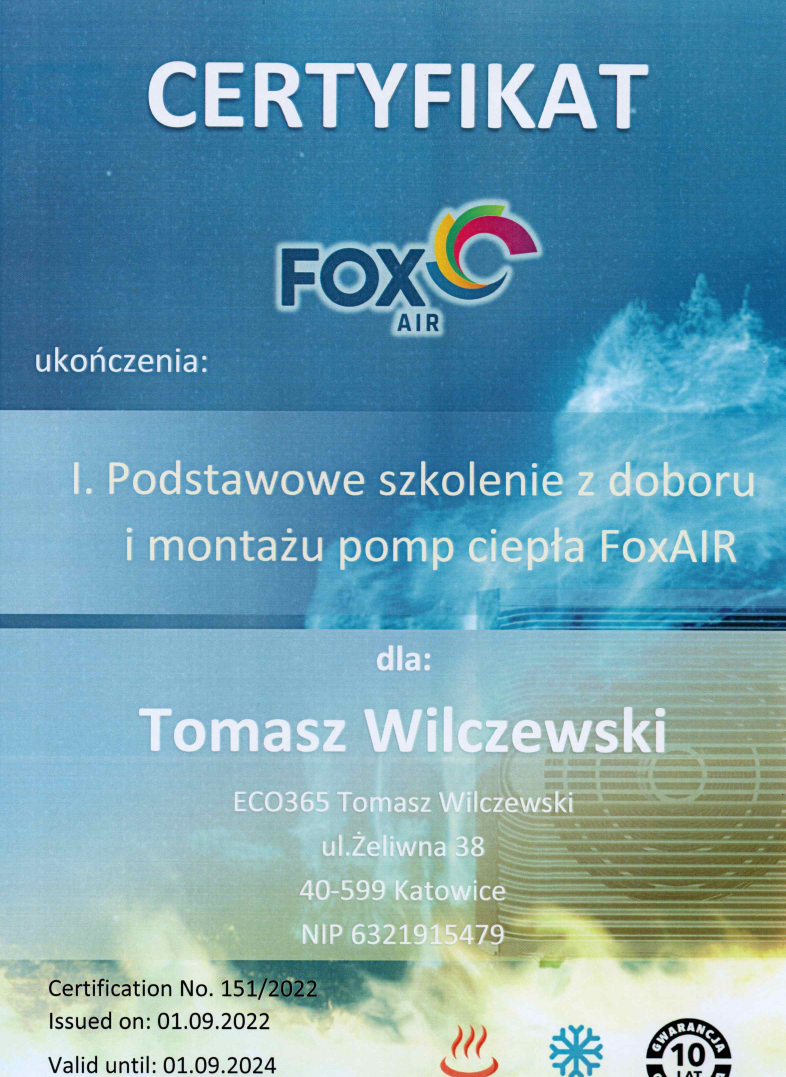 Fox Air Certyfikat